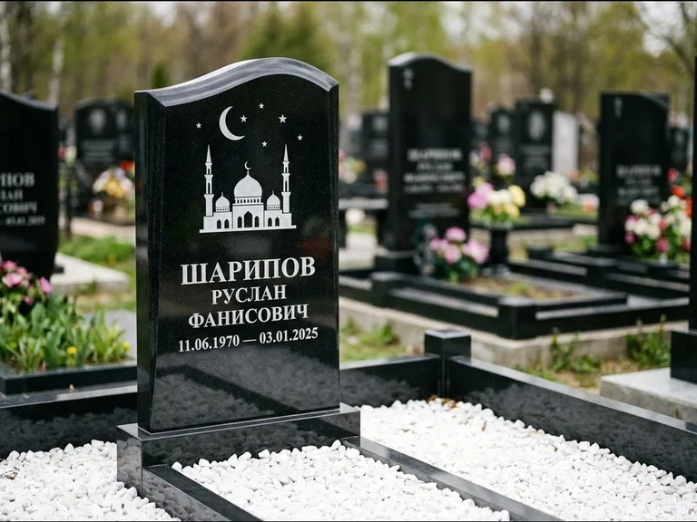 Мусульманский памятник с гравировкой мечети: стела с волнообразным скошенным верхом — гравировка мечети под полумесяцем и звёздами, белая мраморная крошка с бордюром, работа «Шарипов» в Новом Уренгое