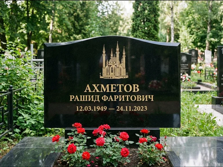 Мусульманский памятник с гравировкой мечети: широкая двойная семейная стела — золочёная гравировка мечети, цветник с красными розами, работа «Ахметов» в Новом Уренгое