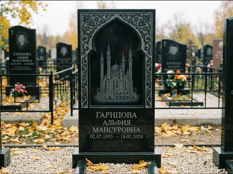 Мусульманский памятник с гравировкой мечети: фигурная стела с михраб-нишей — гравировка мечети в михраб-арке с орнаментом, светлая гравийная отсыпка, работа «Гарипова» в Новом Уренгое