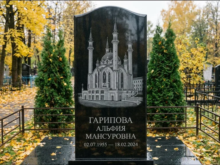 Мусульманский памятник с гравировкой мечети — мечеть Кул-Шариф на обороте стелы, работа «Гарипова» в Новом Уренгое