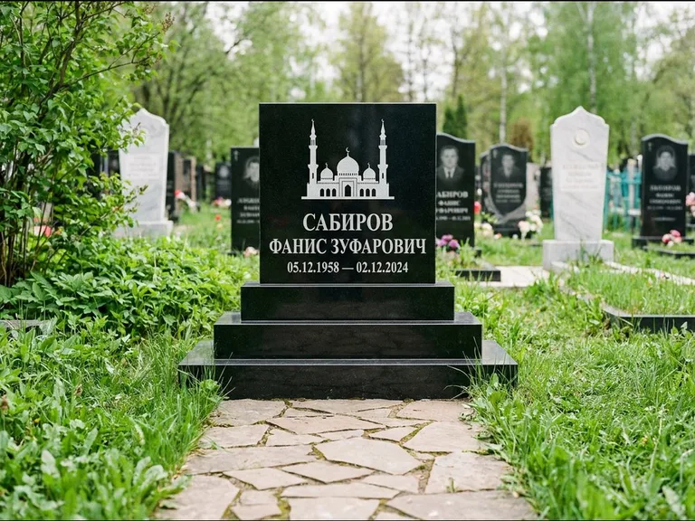 Мусульманский памятник с гравировкой мечети: ступенчатая трёхуровневая стела — золочёная гравировка мечети, дорожка из природного плитняка, работа «Юсупов» в Новом Уренгое