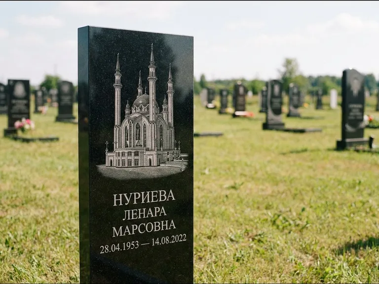 Мусульманский памятник с гравировкой мечети: узкая вертикальная стела-пилон — гравировка мечети в михраб-арке с орнаментом, открытая лужайка без ограды, работа «Хайруллина» в Новом Уренгое