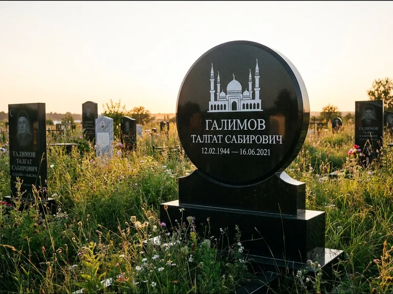 Мусульманский памятник с гравировкой мечети: округлая стела-медальон на тумбе — гравировка мечети в михраб-арке с орнаментом, луговые травы и полевые цветы, работа «Каримов» в Новом Уренгое