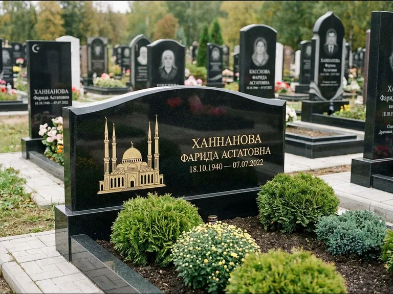 Мусульманский памятник с гравировкой мечети: вытянутая горизонтальная семейная стела с аркой — белая гравировка силуэта мечети с минаретами, участок с декоративными кустами, работа «Гарипова» в Новом Уренгое