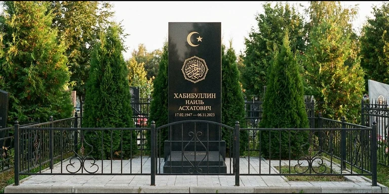 Гравировка на мусульманском памятнике в Новом Уренгое — стела из чёрного гранита, оформление по канонам ислама