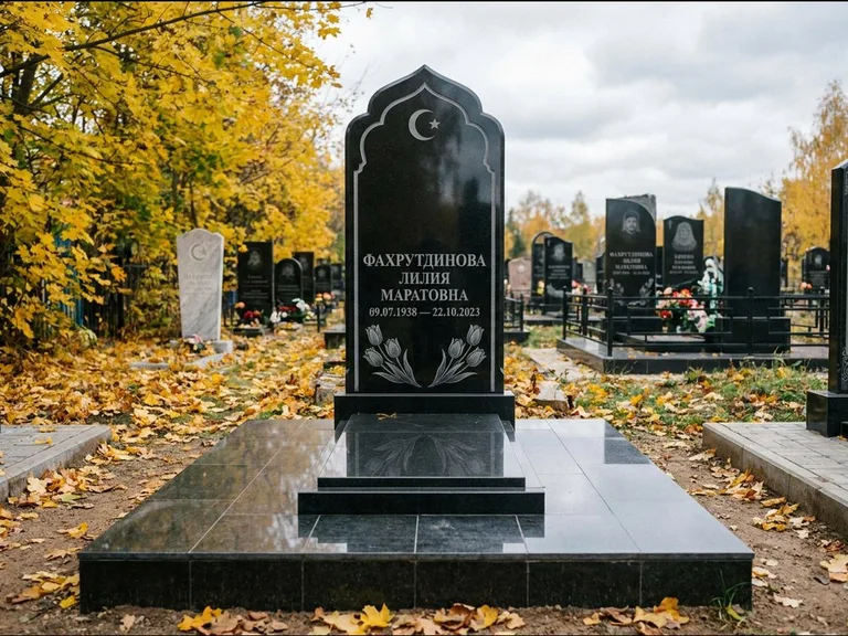 Мусульманский памятник: стела с михраб-навершием в форме арки — гравировка минарета с полумесяцем, гранитный цоколь с тёмной плиткой, работа «Фахрутдинова» в Новом Уренгое