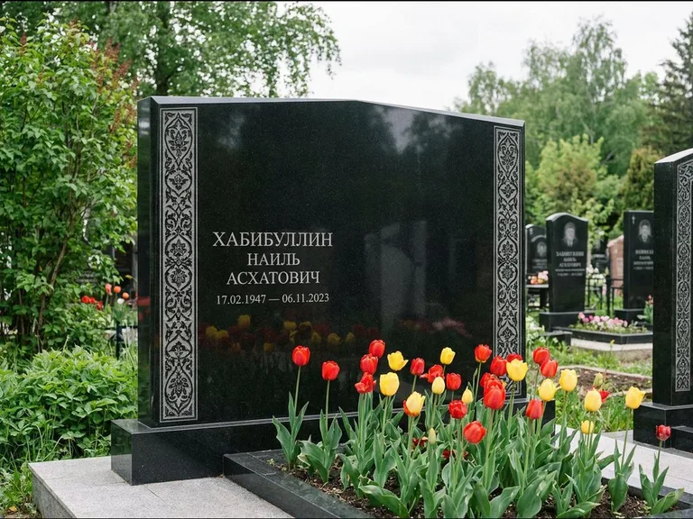 Мусульманский памятник: широкая двойная семейная стела — золочёная гравировка мечети, цветник с тюльпанами, работа «Хабибуллин» в Новом Уренгое