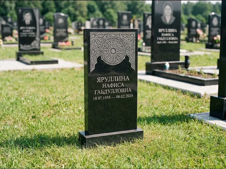 Мусульманский памятник: небольшая скромная невысокая стела — золочёная гравировка мечети, аккуратный участок с газоном, работа «Фахрутдинова» в Новом Уренгое