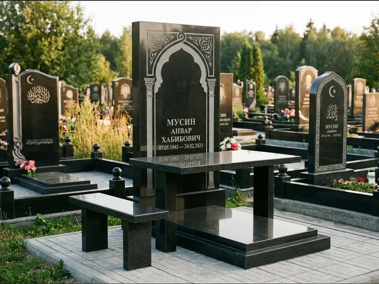 Мусульманский памятник: стела с гранитным столиком и скамьёй — гравировка мечети под полумесяцем и звёздами, семейный участок с плиткой, работа «Гимаев» в Новом Уренгое