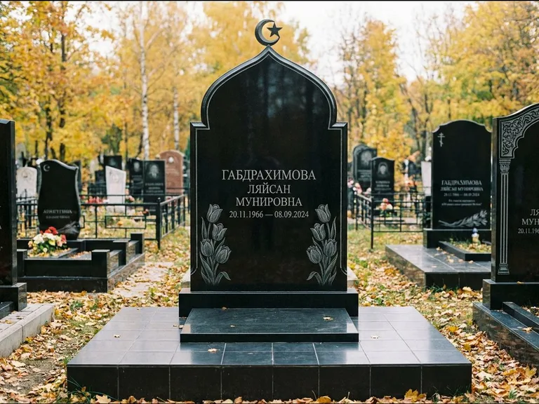 Мусульманский памятник: массивная стела с михраб-навершием — белая гравировка силуэта мечети с минаретами, цоколь тёмной плиткой, работа «Магомедова» в Новом Уренгое