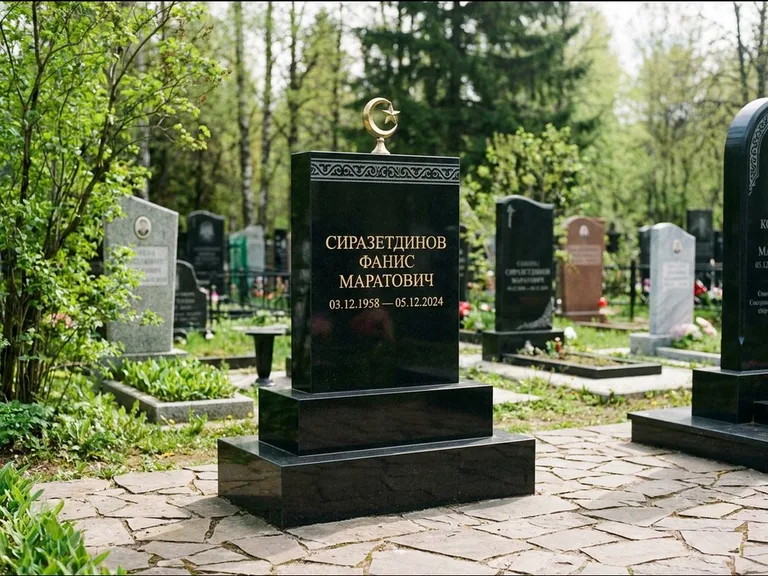 Мусульманский памятник: ступенчатая трёхуровневая стела — золочёная гравировка мечети, дорожка из природного плитняка, работа «Мустафин» в Новом Уренгое