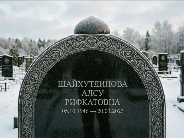 Мусульманский памятник: полукруглая стела с купольным навершием — гравировка мечети под полумесяцем и звёздами, заснеженный зимний участок, работа «Ганиева» в Новом Уренгое
