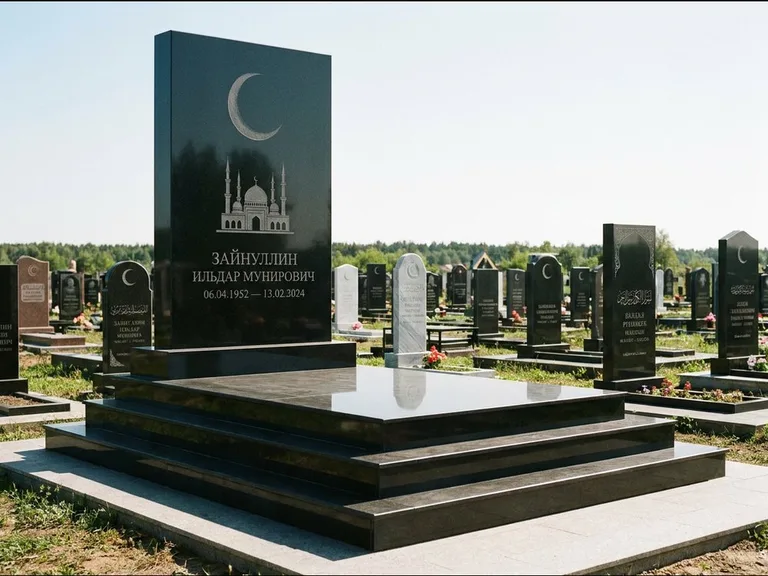 Мусульманский памятник: массивная стела на ступенчатом постаменте — гравировка мечети под полумесяцем и звёздами, гранитная площадка без ограды, работа «Хабибуллин» в Новом Уренгое