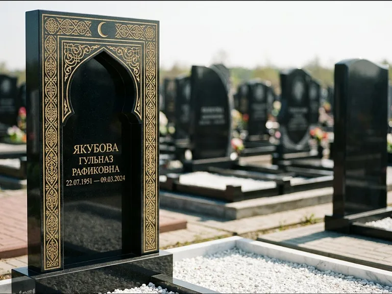 Мусульманский памятник: стела в форме михраба с глубокой нишей и золочёным орнаментом — детализированная гравировка мечети Кул-Шариф, участок с белой мраморной крошкой, работа «Мустафин» в Новом Уренгое