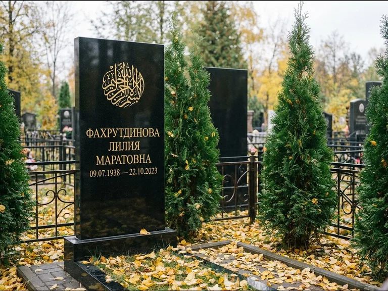 Мусульманский памятник — шахада в верхней части стелы, работа «Фахрутдинова» в Новом Уренгое
