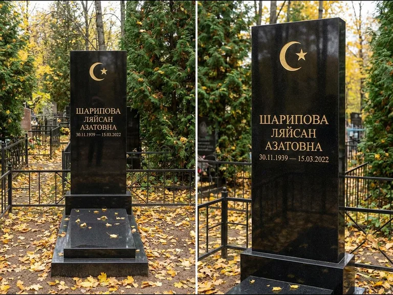 Памятник с гравировкой полумесяца — золочёная гравировка полумесяца со звездой в верхней части с, работа «Шарипова» в Новом Уренгое