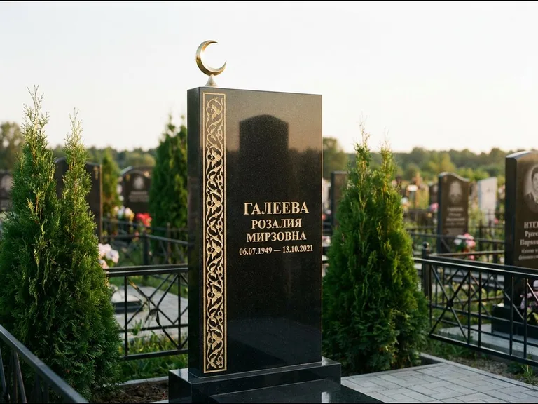 Памятник с гравировкой полумесяца — золочёный полумесяц и колонна растительного орнамента-ислими, работа «Галеева» в Новом Уренгое