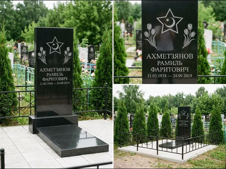 Памятник с гравировкой полумесяца — гравировка полумесяца со звездой и тюльпанами по бокам, работа «Ахметзянов» в Новом Уренгое