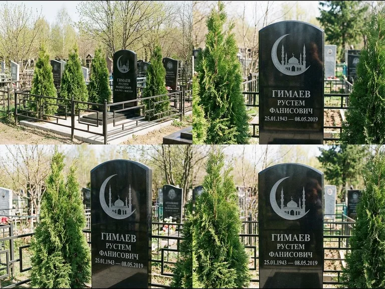 Памятник с гравировкой полумесяца — гравировка полумесяца над силуэтом мечети, работа «Гимаев» в Новом Уренгое