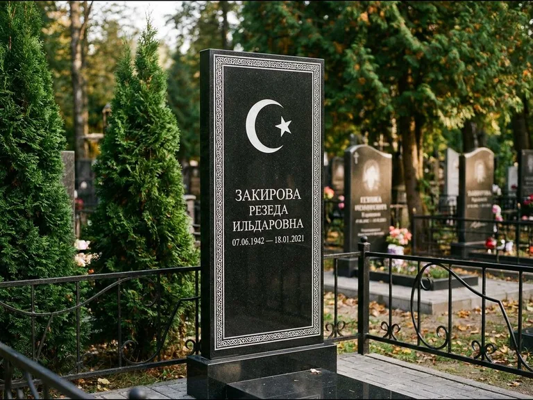 Памятник с гравировкой полумесяца — строгая белая гравировка полумесяца со звездой и орнаменталь, работа «Закирова» в Новом Уренгое