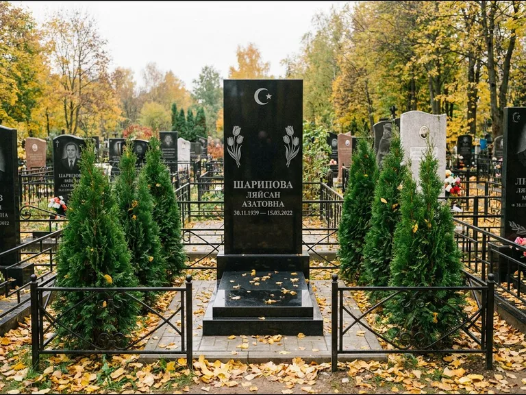 Памятник с гравировкой полумесяца — гравировка полумесяца со звездой и тюльпанами по бокам, работа «Шарипова» в Новом Уренгое