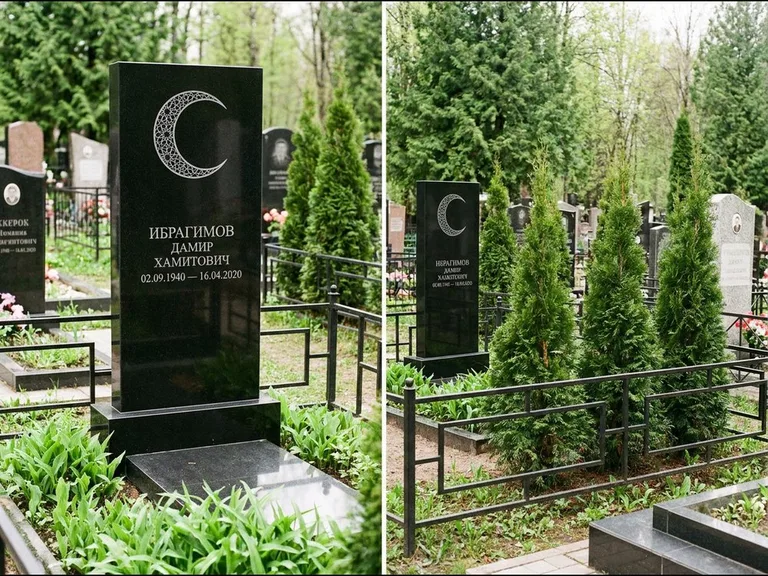 Памятник с гравировкой полумесяца — гравировка полумесяца в геометрическом орнаменте-гирихе, работа «Ибрагимов» в Новом Уренгое