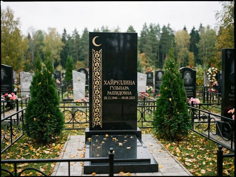 Памятник с гравировкой полумесяца — золочёный полумесяц и колонна растительного орнамента-ислими, работа «Хайруллина» в Новом Уренгое
