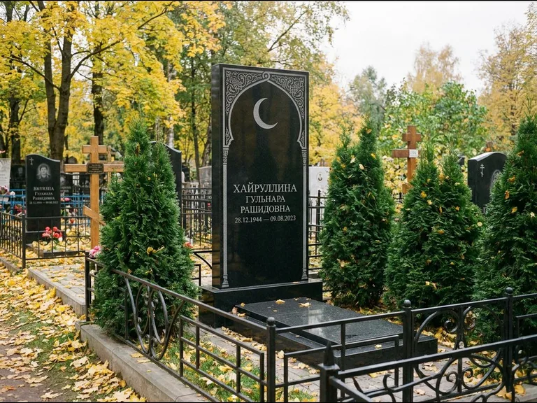 Памятник с гравировкой полумесяца — гравировка полумесяца в восточной арке с орнаментом, работа «Хайруллина» в Новом Уренгое