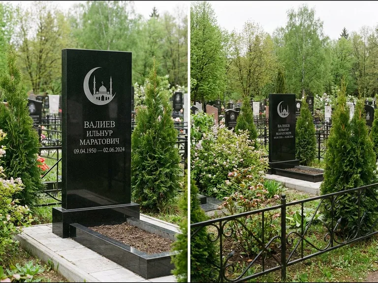 Памятник с гравировкой полумесяца — гравировка полумесяца над силуэтом мечети, работа «Валиев» в Новом Уренгое