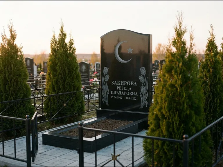 Памятник с гравировкой полумесяца — гравировка полумесяца со звездой и тюльпанами по бокам, работа «Закирова» в Новом Уренгое