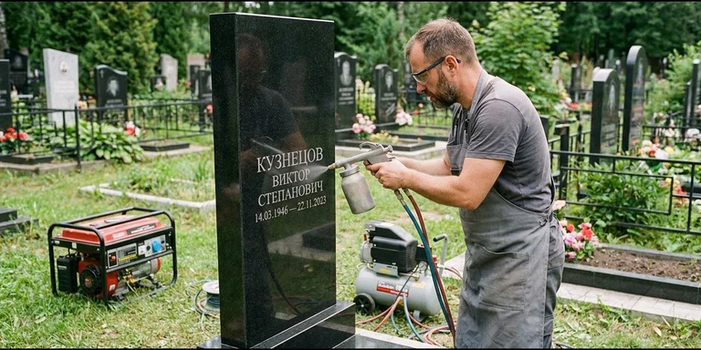 Гравировка на памятнике с выездом на кладбище в Новом Уренгое — мастер гравирует установленный памятник