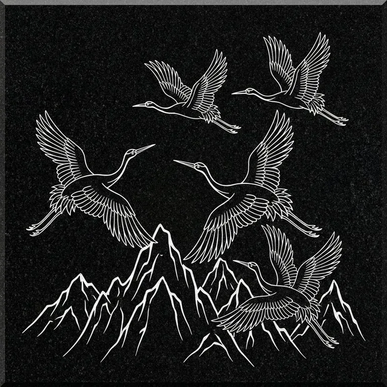 Эскиз гравировки журавлей на памятник — журавли над горными вершинами в Новом Уренгое