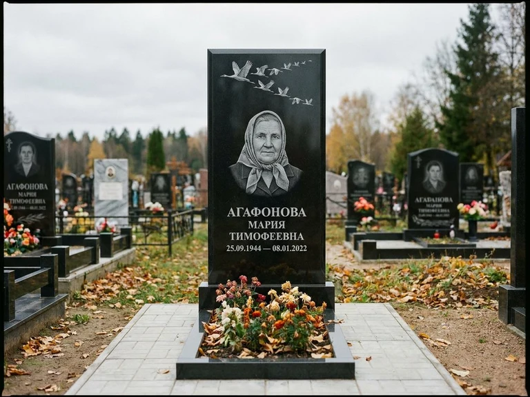 Гравировка журавлей на памятник в Новом Уренгое — памятник из чёрного гранита с гравировкой