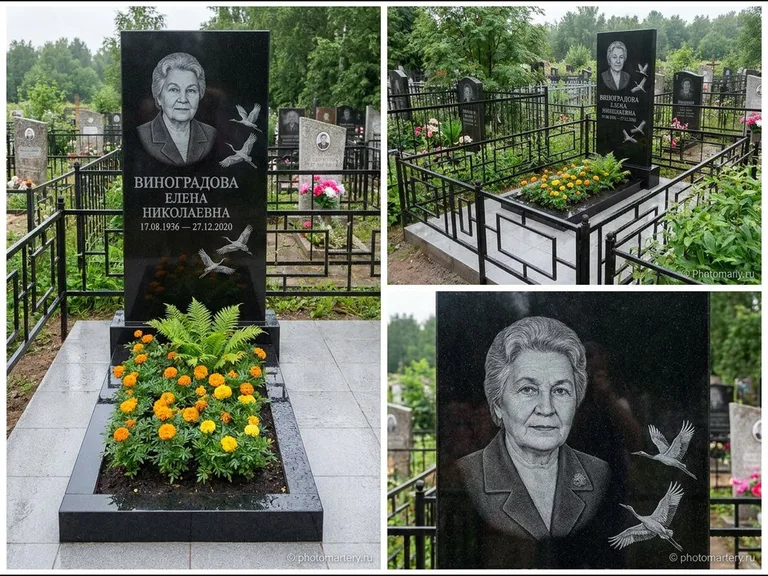 Памятник с гравировкой журавлей — гравировка трёх журавлей по диагонали через свободное поле с, работа «Виноградова» в Новом Уренгое