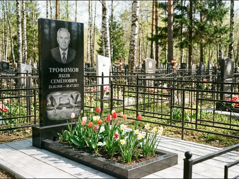 Памятник с гравировкой журавлей — гравировка пары журавлей над гладью озера в нижней части, работа «Трофимов» в Новом Уренгое