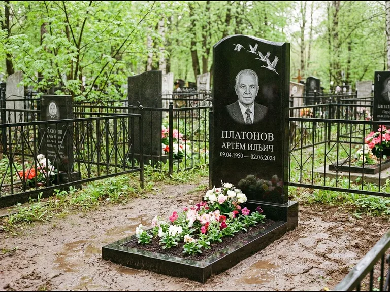 Памятник с гравировкой журавлей — белая гравировка клина журавлей, уходящего в верхний угол ст, работа «Платонов» в Новом Уренгое
