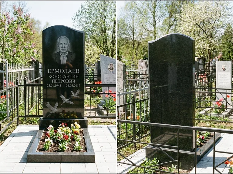 Памятник с гравировкой журавлей — гравировка трёх журавлей по диагонали через свободное поле с, работа «Ермолаев» в Новом Уренгое