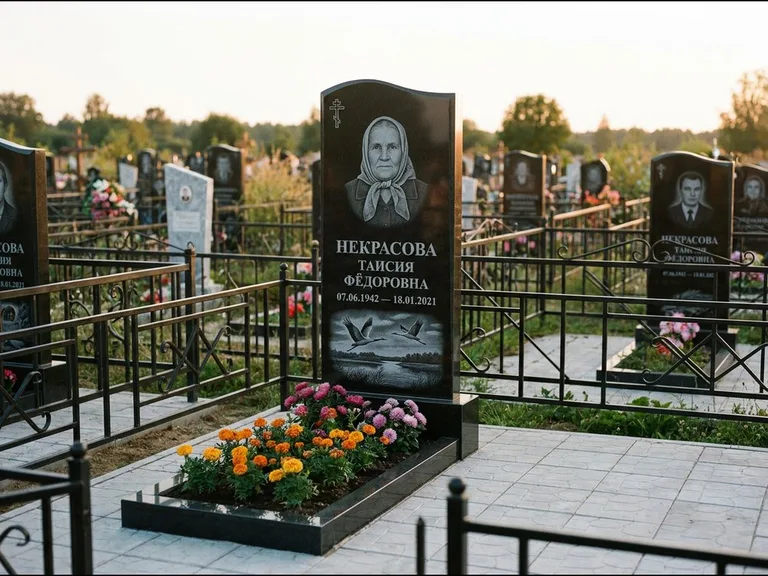 Памятник с гравировкой журавлей — гравировка пары журавлей над гладью озера в нижней части, работа «Некрасова» в Новом Уренгое