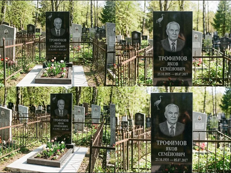 Памятник с гравировкой журавлей — гравировка одиночного летящего журавля над портретом, работа «Трофимов» в Новом Уренгое