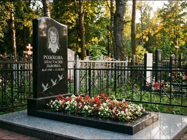 Памятник с гравировкой журавлей — гравировка трёх журавлей по диагонали через свободное поле с, работа «Рожкова» в Новом Уренгое
