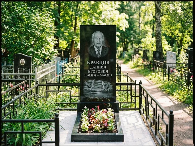 Памятник с гравировкой журавлей — гравировка пары журавлей над гладью озера в нижней части, работа «Кравцов» в Новом Уренгое