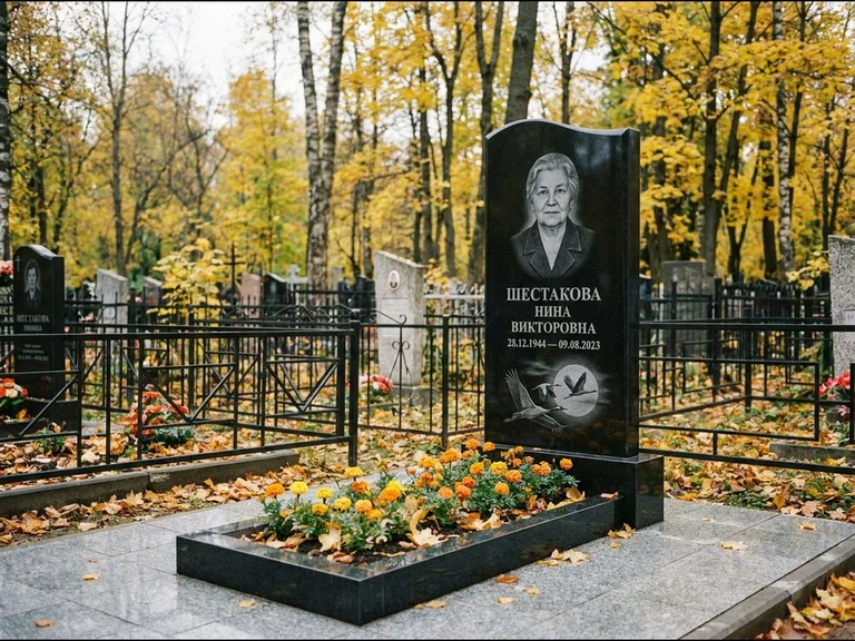 Памятник с гравировкой журавлей — гравировка клина журавлей на фоне солнечного диска, работа «Шестакова» в Новом Уренгое