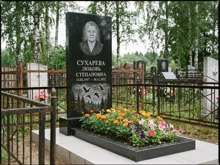 Памятник с гравировкой журавлей — гравировка силуэтов журавлей над еловым лесом, работа «Сухарева» в Новом Уренгое