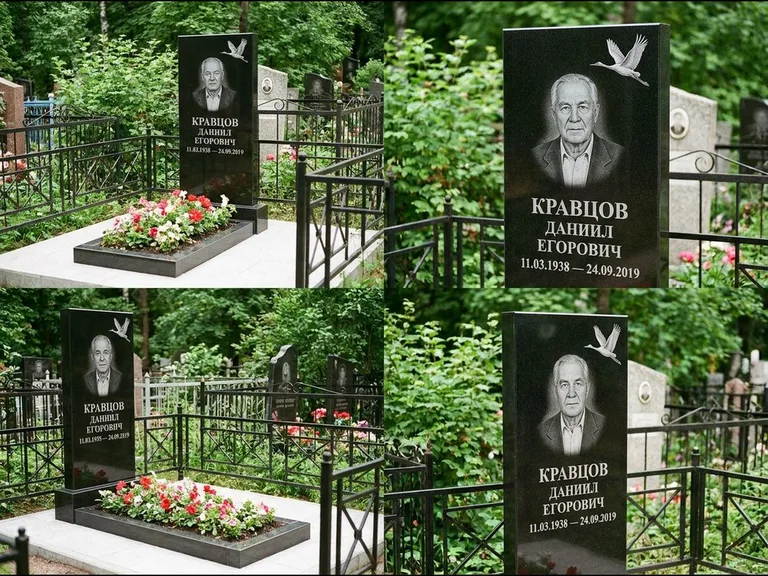 Памятник с гравировкой журавлей — белая гравировка клина журавлей, уходящего в верхний угол ст, работа «Кравцов» в Новом Уренгое
