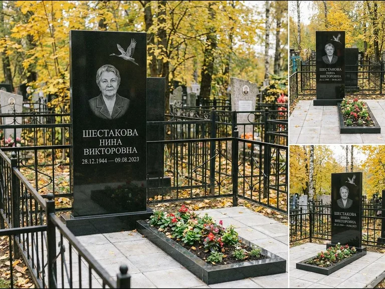 Памятник с гравировкой журавлей — гравировка одиночного летящего журавля над портретом, работа «Шестакова» в Новом Уренгое