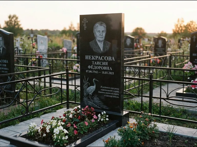 Памятник с гравировкой журавлей — гравировка журавля у камышей рядом с эпитафией, работа «Некрасова» в Новом Уренгое