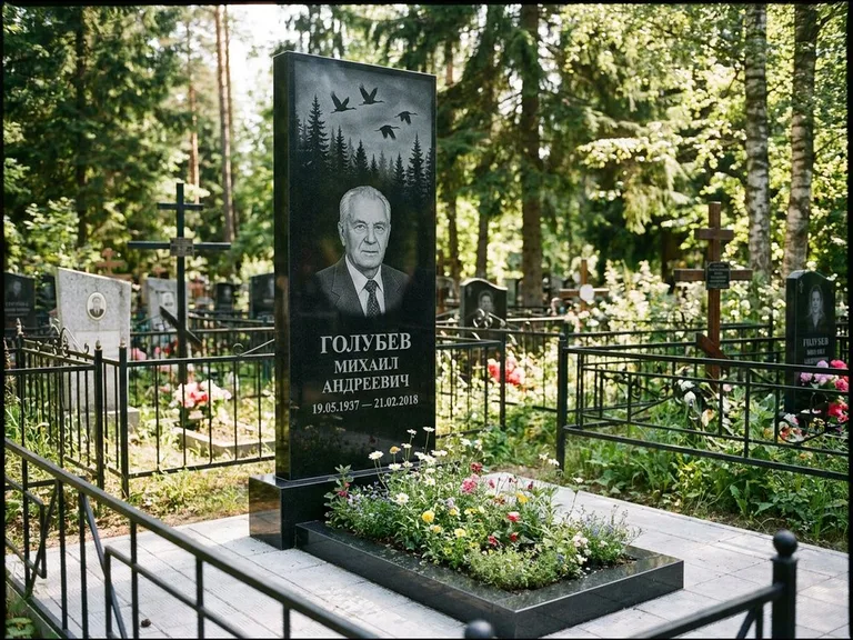 Памятник с гравировкой журавлей — гравировка силуэтов журавлей над еловым лесом, работа «Голубев» в Новом Уренгое