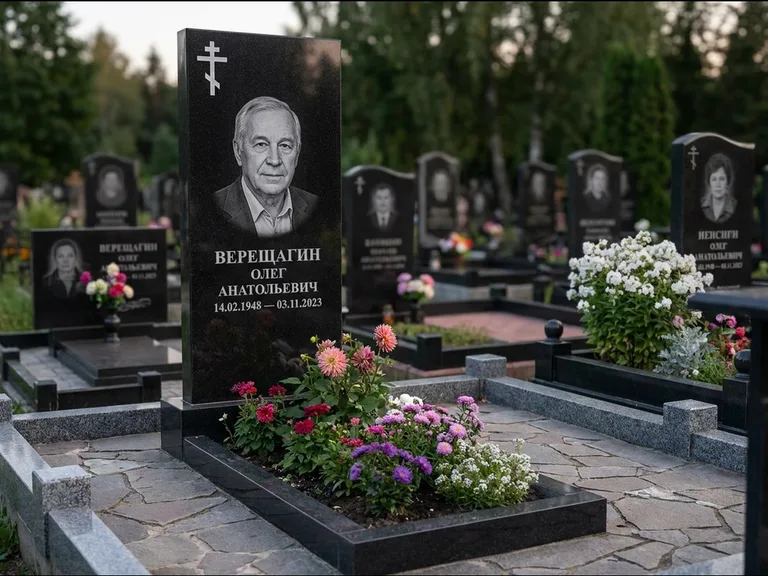 Памятник из чёрного гранита — горизонтальная плита-стела с православным восьмиконечным крестом, работа «Тихонов» в Новом Уренгое