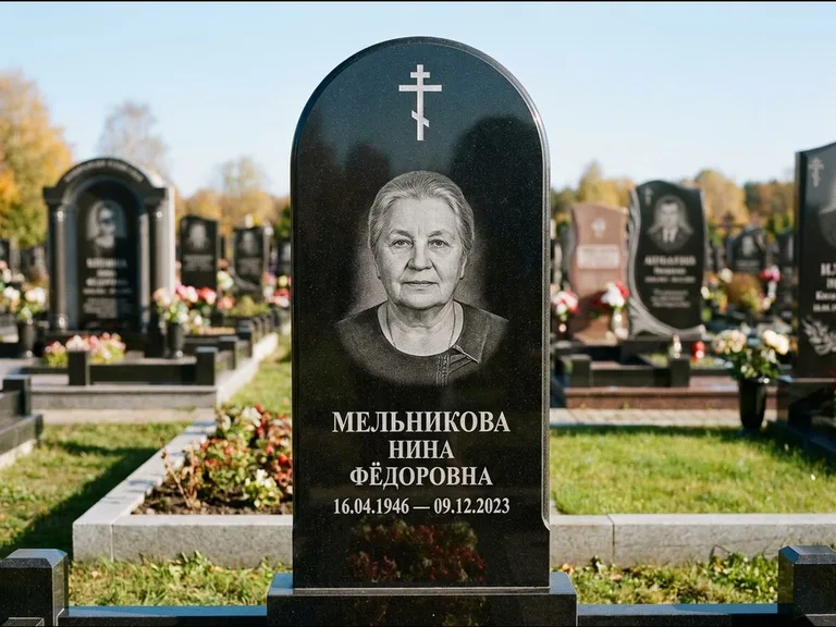 Памятник из чёрного гранита — стела с резным навершием с латинским крестом, работа «Савельева» в Новом Уренгое