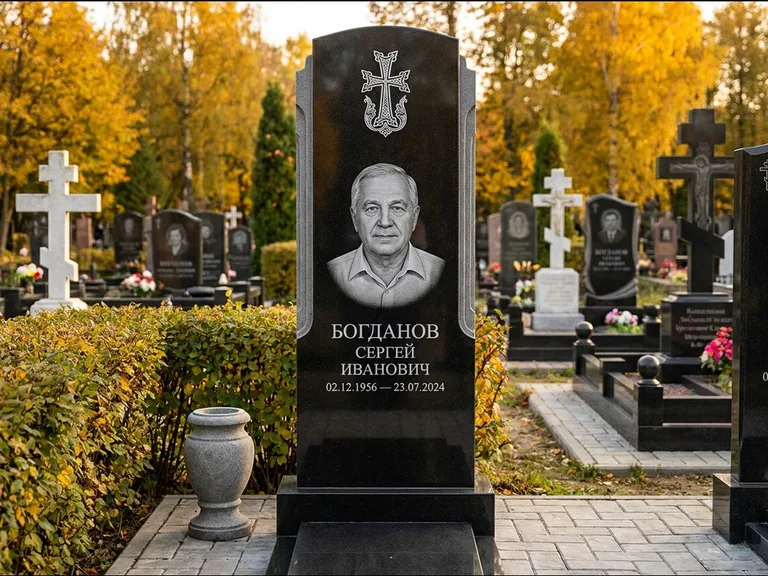 Памятник из чёрного гранита — круглая стела-медальон с армянским хачкаром, работа «Ковалёв» в Новом Уренгое
